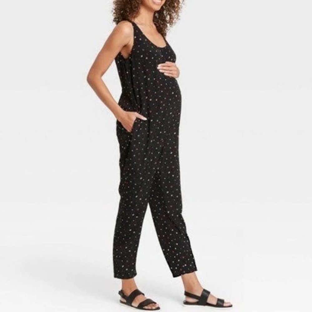 The Nines By Hatch Maternity - Floral Print Sleeveless Crepe Jumpsuit Black